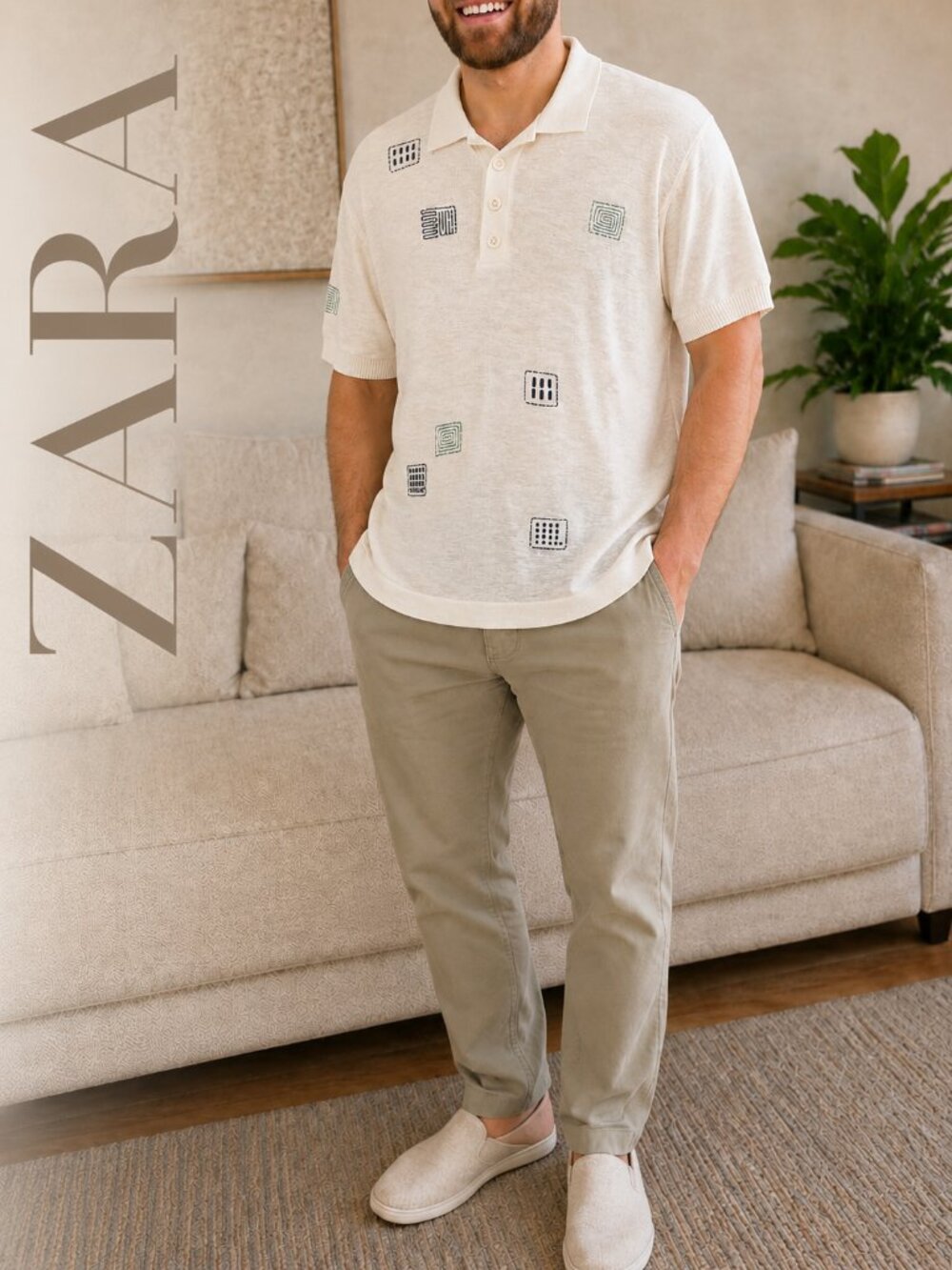 ZARA Man 100% Cotton Cream Geometric Embroidered Resort Beach Polo Shirt Size L